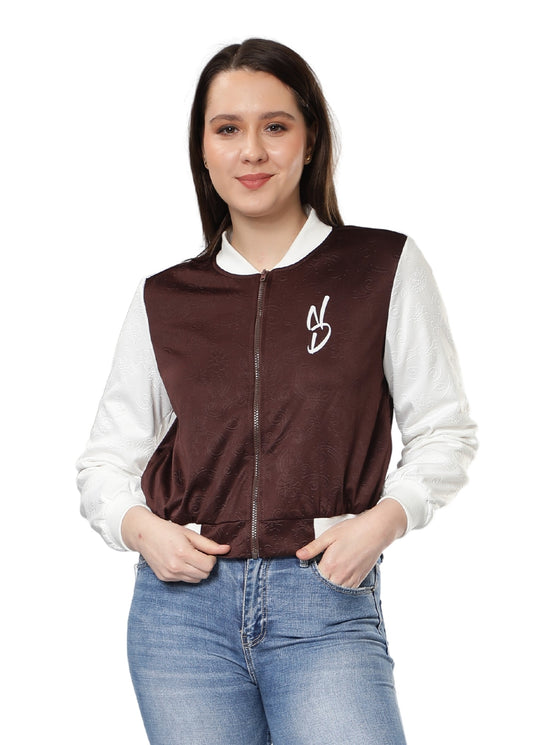 NUEVOSDAMAS Women Brown Floral Embossed Printed Varsity Jacket