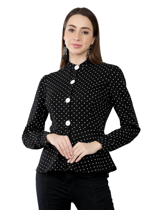 NUEVOSDAMAS Women Polka Dot Printed Peplum Jacket-Black