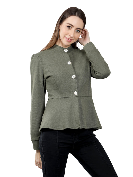 NUEVOSDAMAS Women Solid Peplum Jacket - Olive