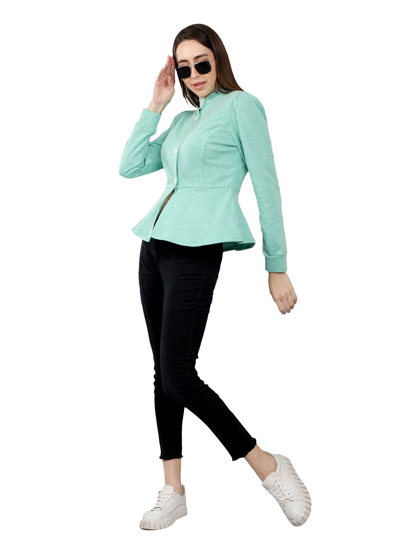 NUEVOSDAMAS Women Solid Peplum Jacket - Mint Green