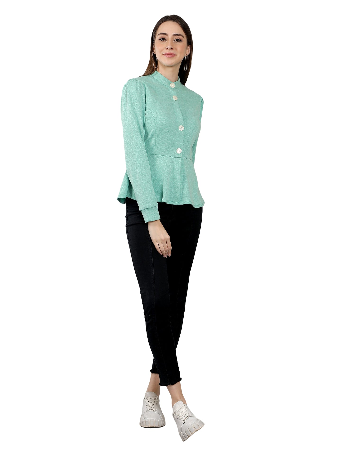 NUEVOSDAMAS Women Solid Peplum Jacket - Mint Green