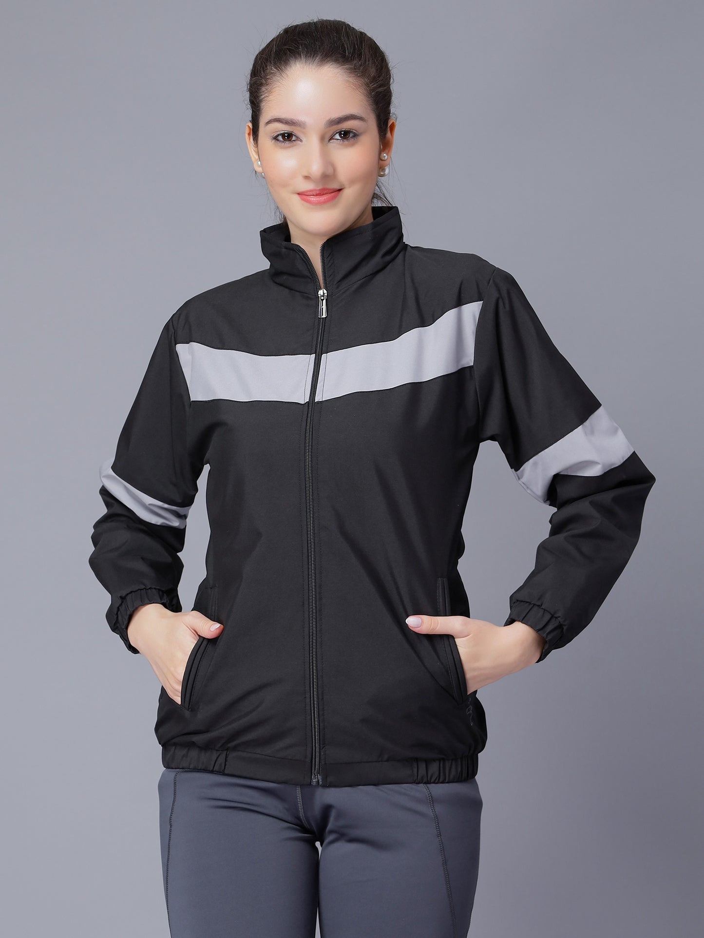 NUEVOSDAMAS Women Solid Black Stripes Bomber Jacket