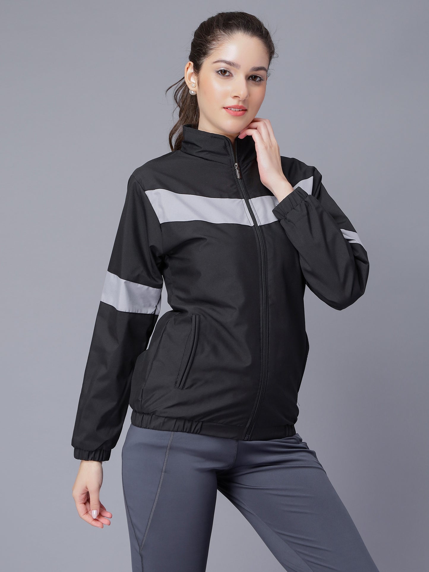 NUEVOSDAMAS Women Solid Black Stripes Bomber Jacket