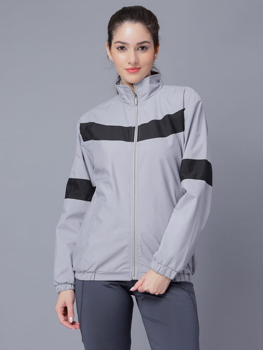 NUEVOSDAMAS Women Solid Grey Stripes Bomber Jacket