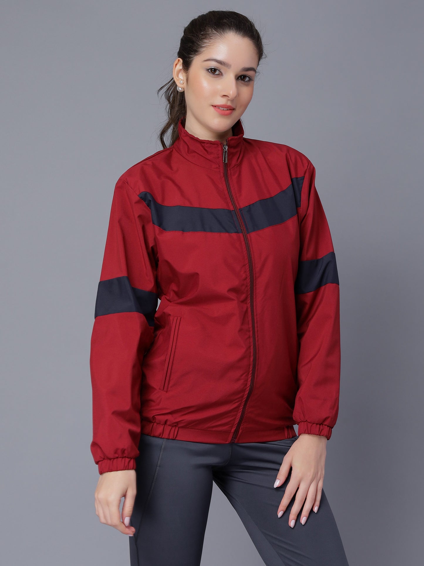 NUEVOSDAMAS Women Solid Maroon Stripes Bomber Jacket