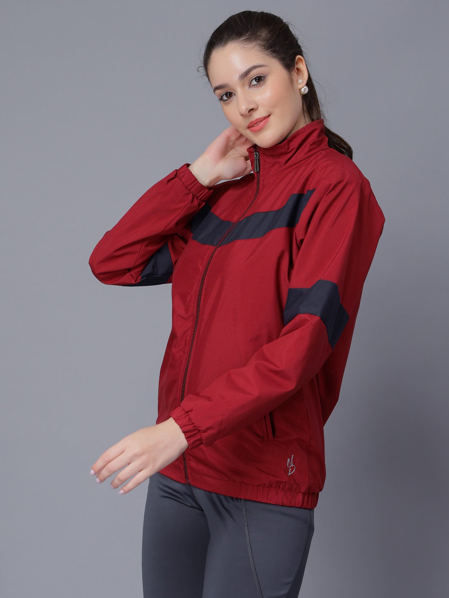 NUEVOSDAMAS Women Solid Maroon Stripes Bomber Jacket