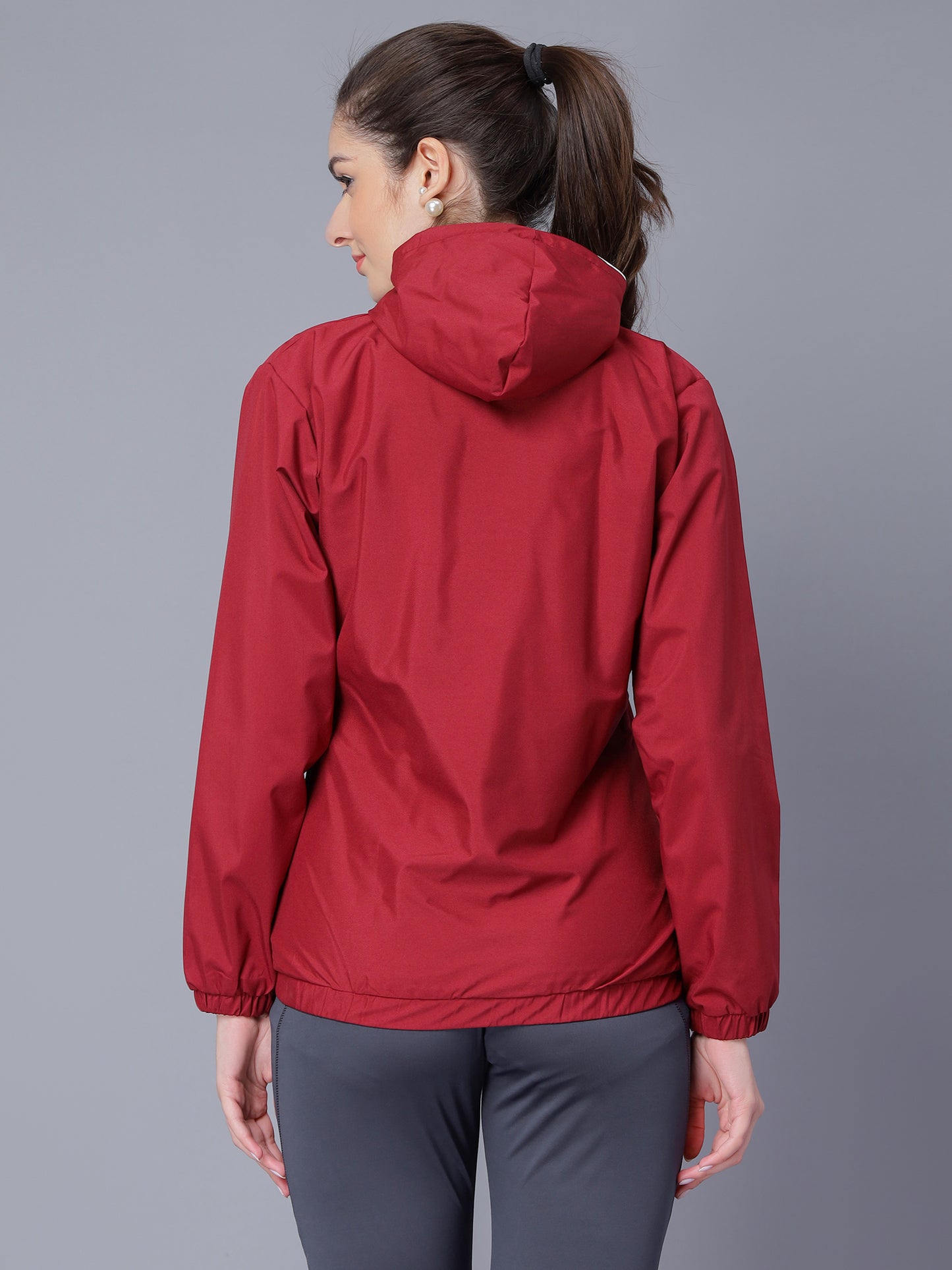 NUEVOSDAMAS Women Solid Red Hooded Bomber Jacket