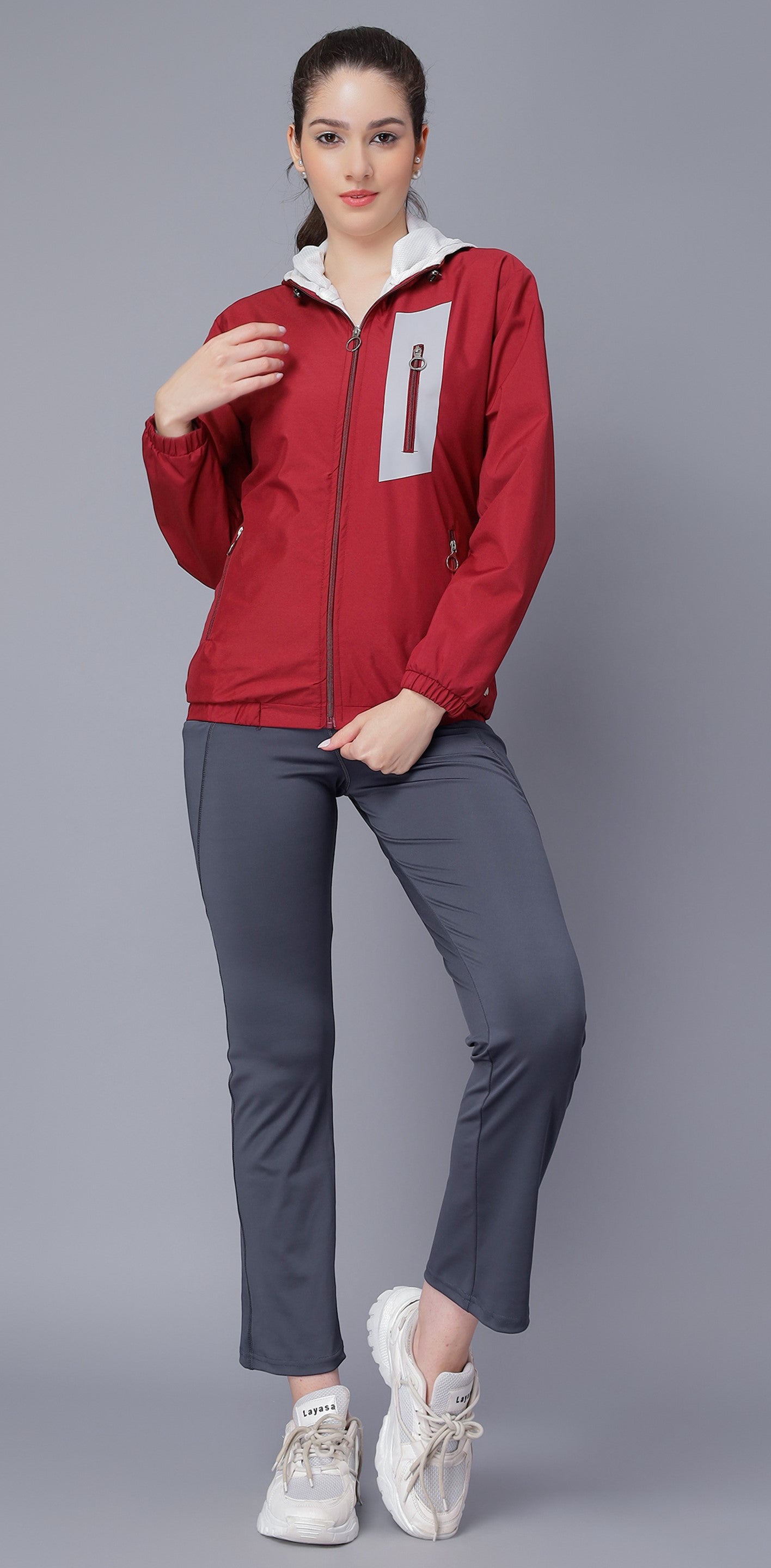 NUEVOSDAMAS Women Solid Red Hooded Bomber Jacket