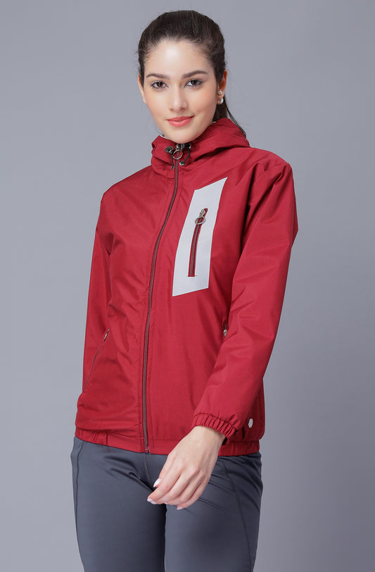 NUEVOSDAMAS Women Solid Red Hooded Bomber Jacket