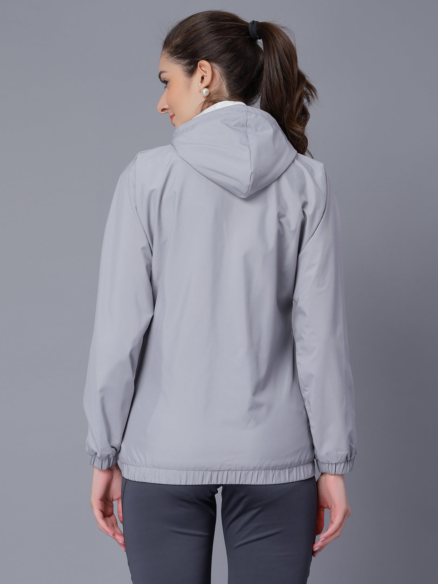 NUEVOSDAMAS Women Solid Grey Hooded Bomber Jacket