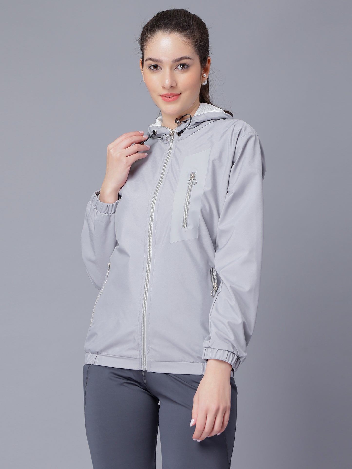 NUEVOSDAMAS Women Solid Grey Hooded Bomber Jacket