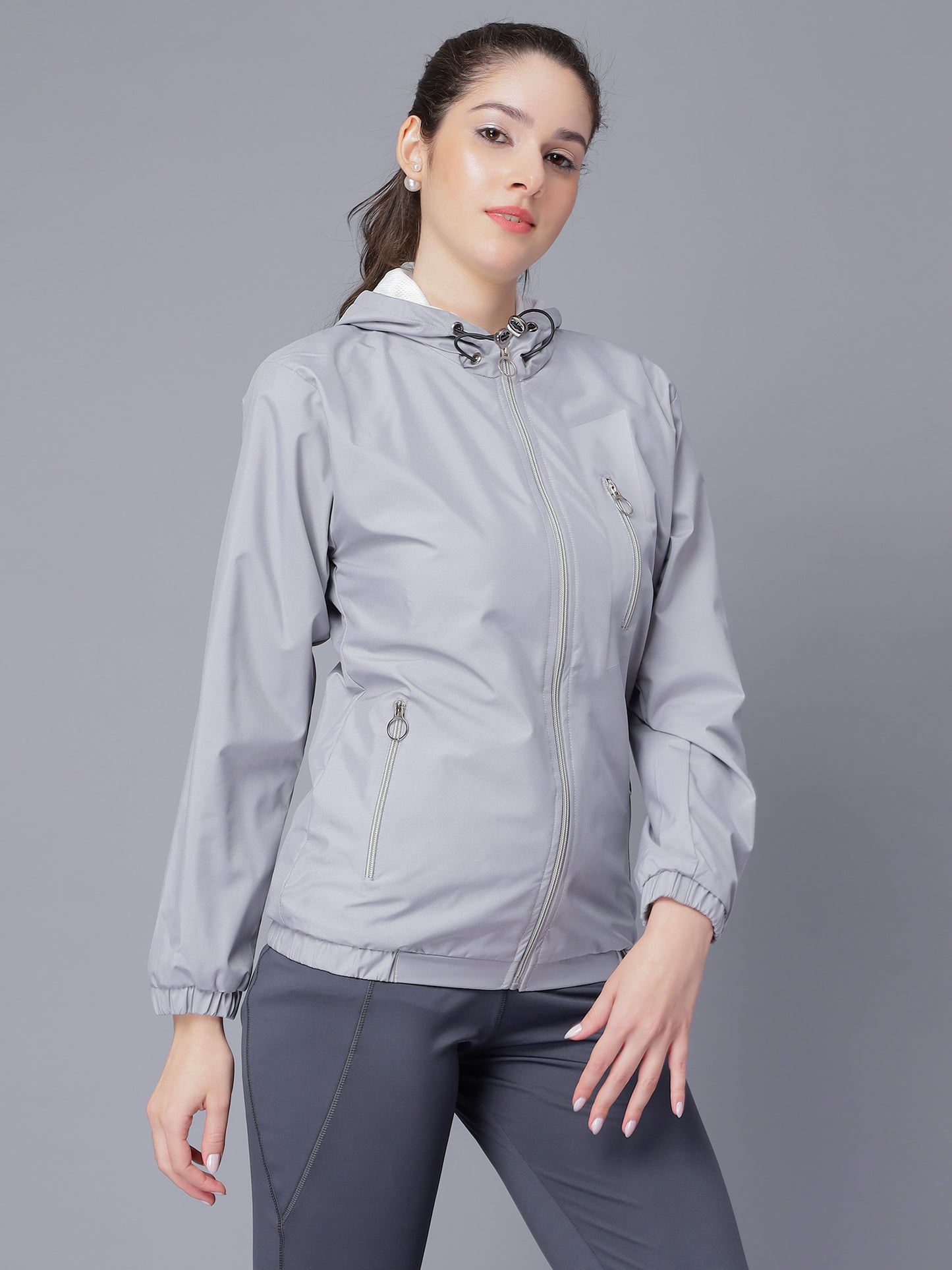 NUEVOSDAMAS Women Solid Grey Hooded Bomber Jacket