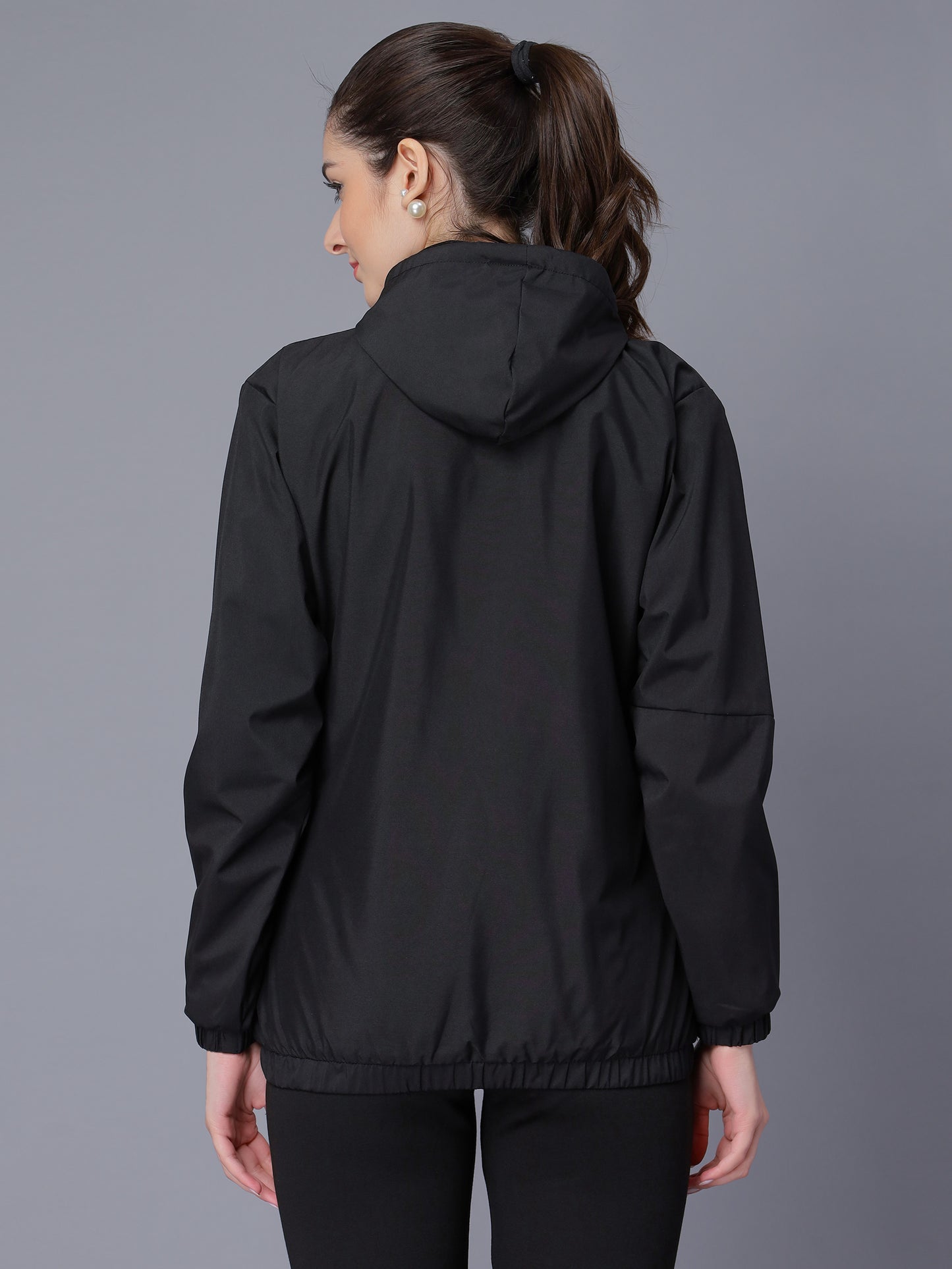 NUEVOSDAMAS Women Solid Black Hooded Bomber Jacket