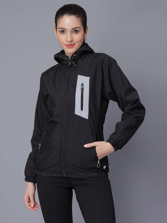 NUEVOSDAMAS Women Solid Black Hooded Bomber Jacket