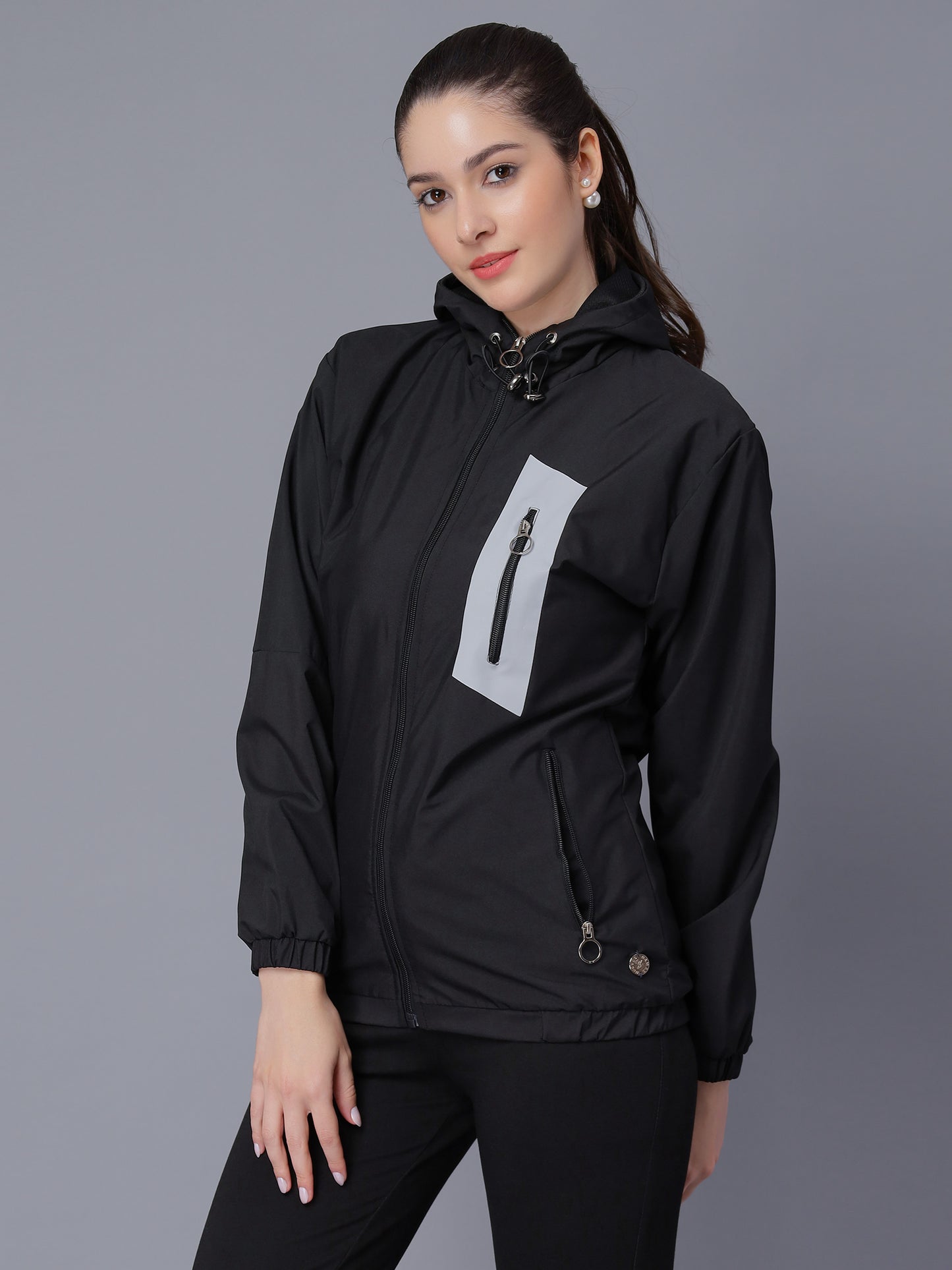 NUEVOSDAMAS Women Solid Black Hooded Bomber Jacket