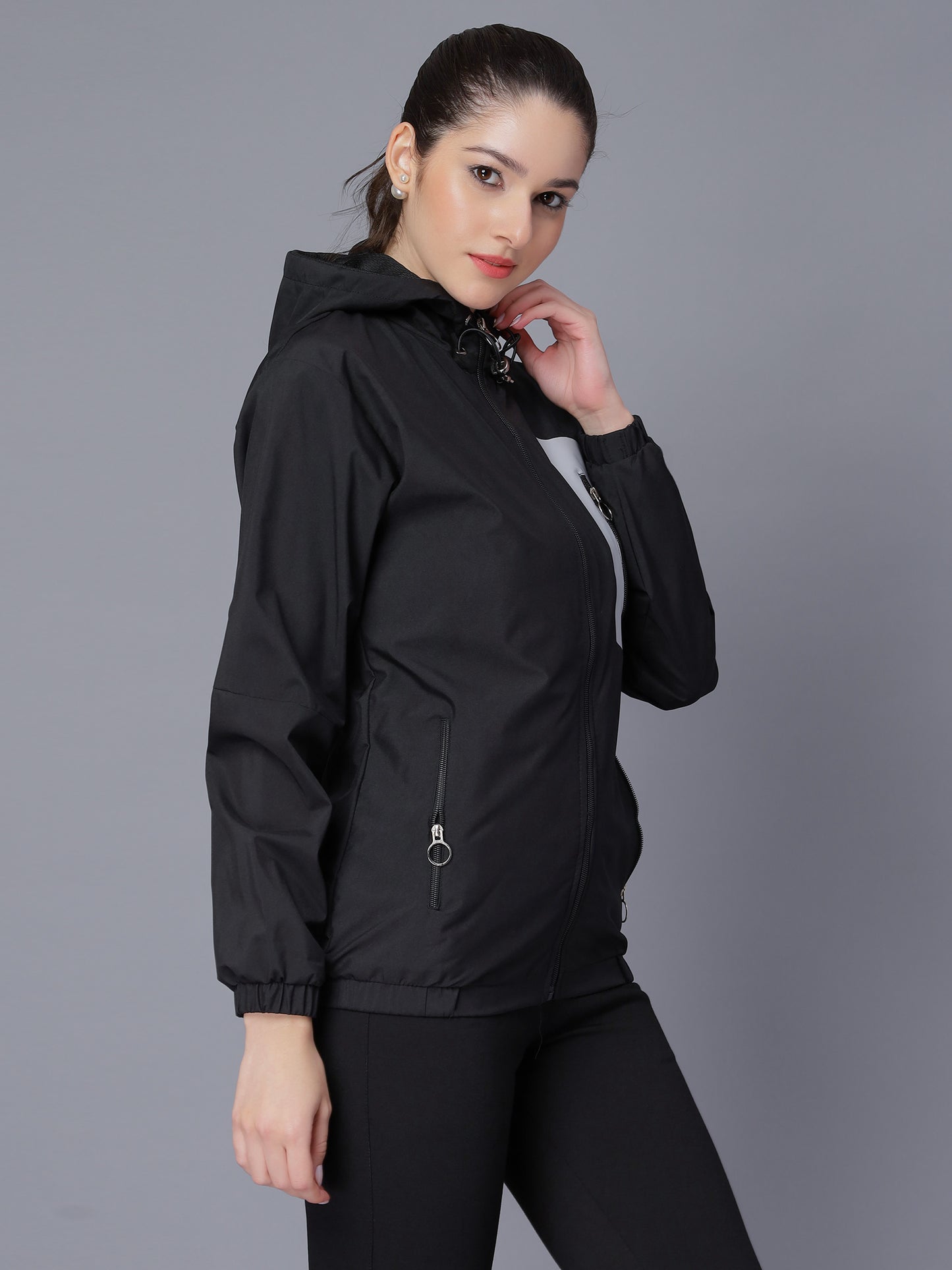 NUEVOSDAMAS Women Solid Black Hooded Bomber Jacket