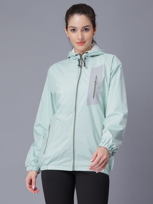 NUEVOSDAMAS Women Solid Aqua Hooded Bomber Jacket