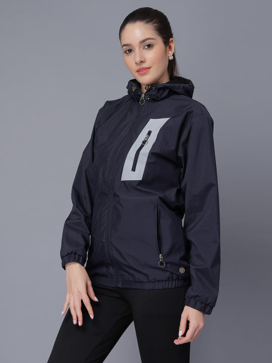 NUEVOSDAMAS Women Solid Navy Blue Hooded Bomber Jacket