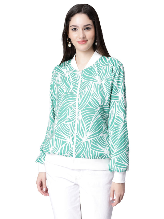 NUEVOSDAMAS Women Leaf Printed Green & White Bomber Jacket