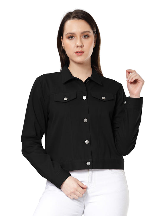 NUEVOSDAMAS Women Solid Black Cotton Denim Jacket