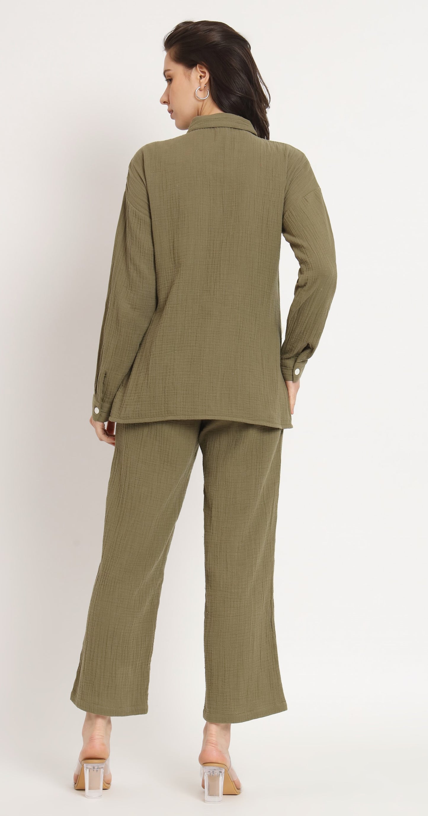 NUEVOSDAMAS Women Pure Cotton Muslin Solid Olive Green Shirt & Trousers co-ord Set