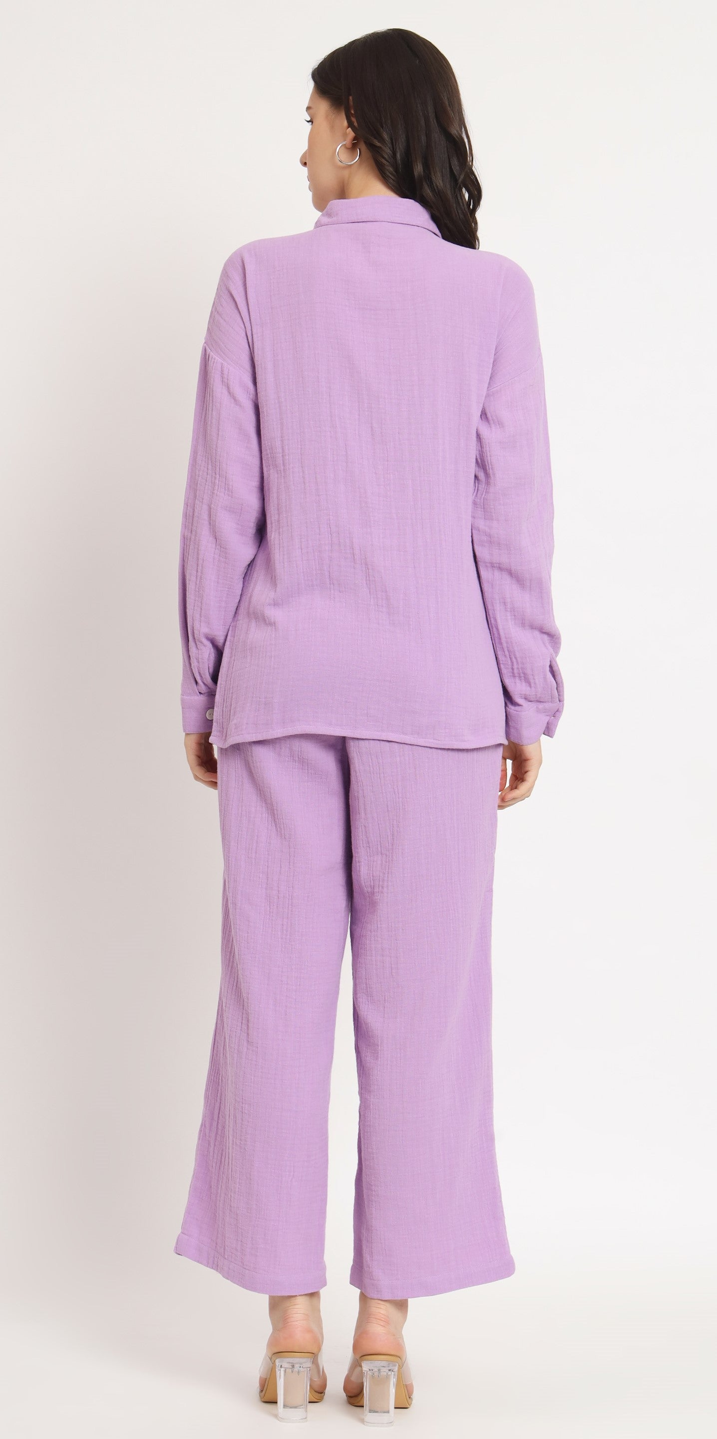 NUEVOSDAMAS Women Pure Cotton Muslin Solid Lavender Shirt & Trousers co-ord Set