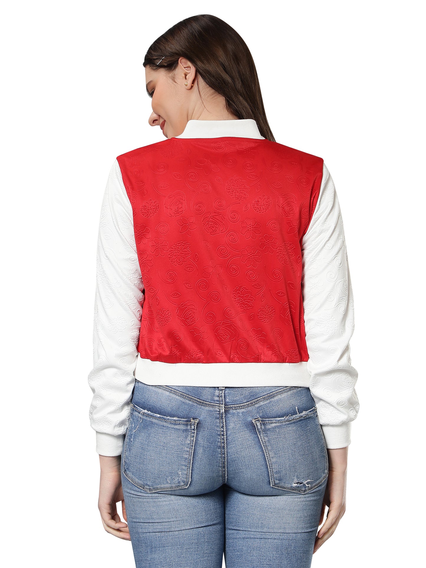 NUEVOSDAMAS Women Red Floral Embossed Printed Varsity Jacket