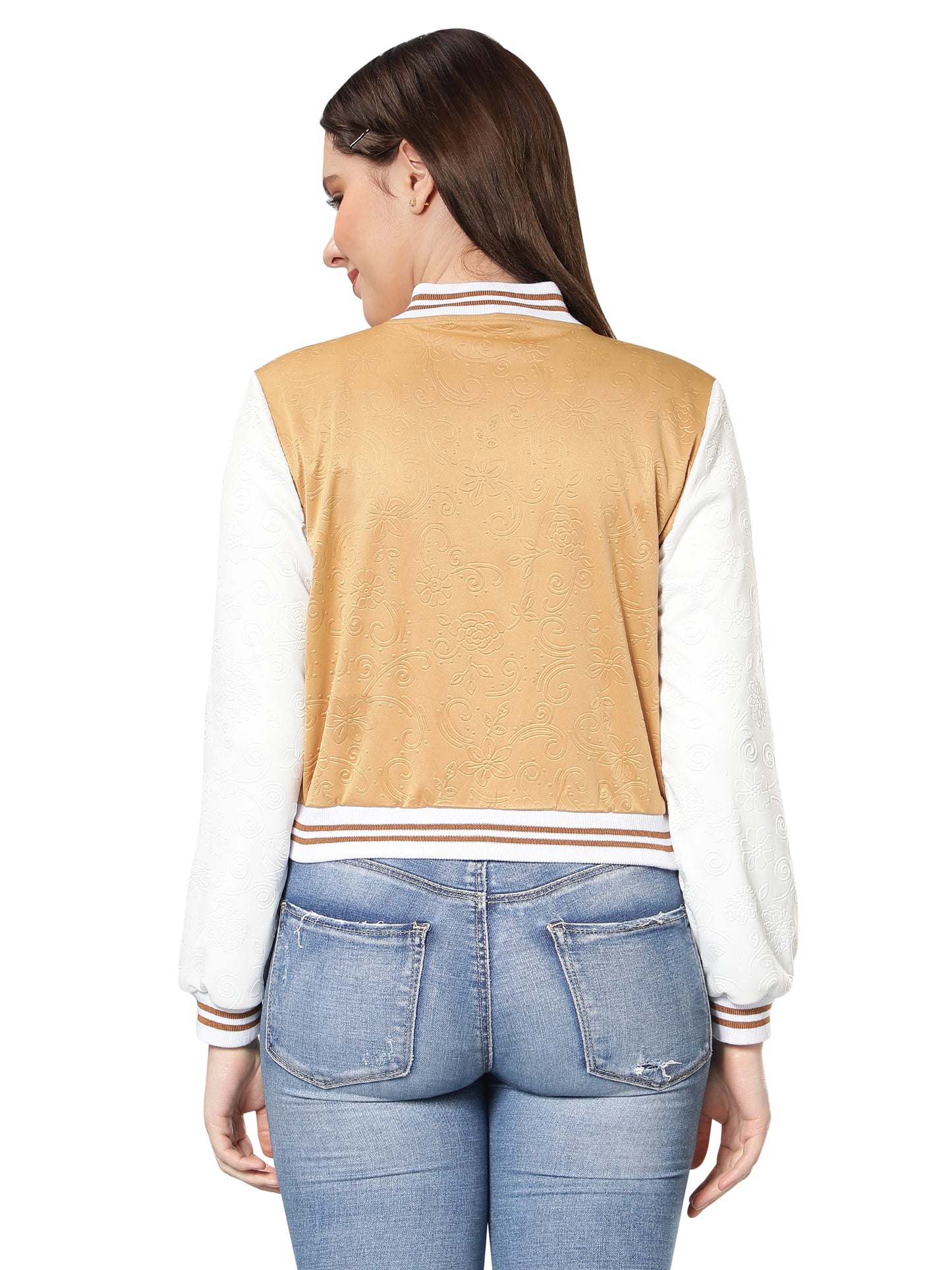 NUEVOSDAMAS Women Beige Floral Embossed Printed Varsity Jacket