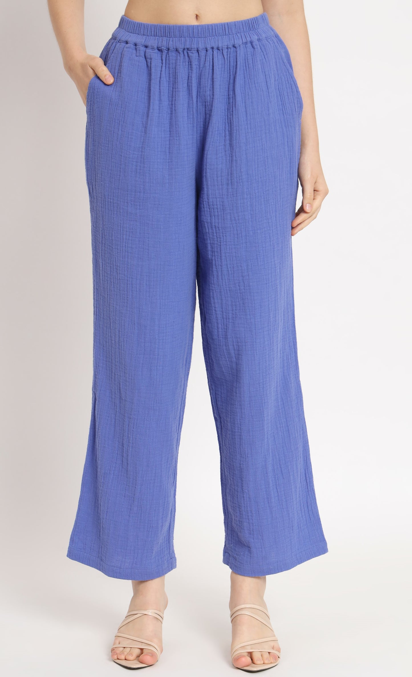 NUEVOSDAMAS Women Pure Cotton Muslin Solid Violet Blue Shirt & Trousers co-ord Set