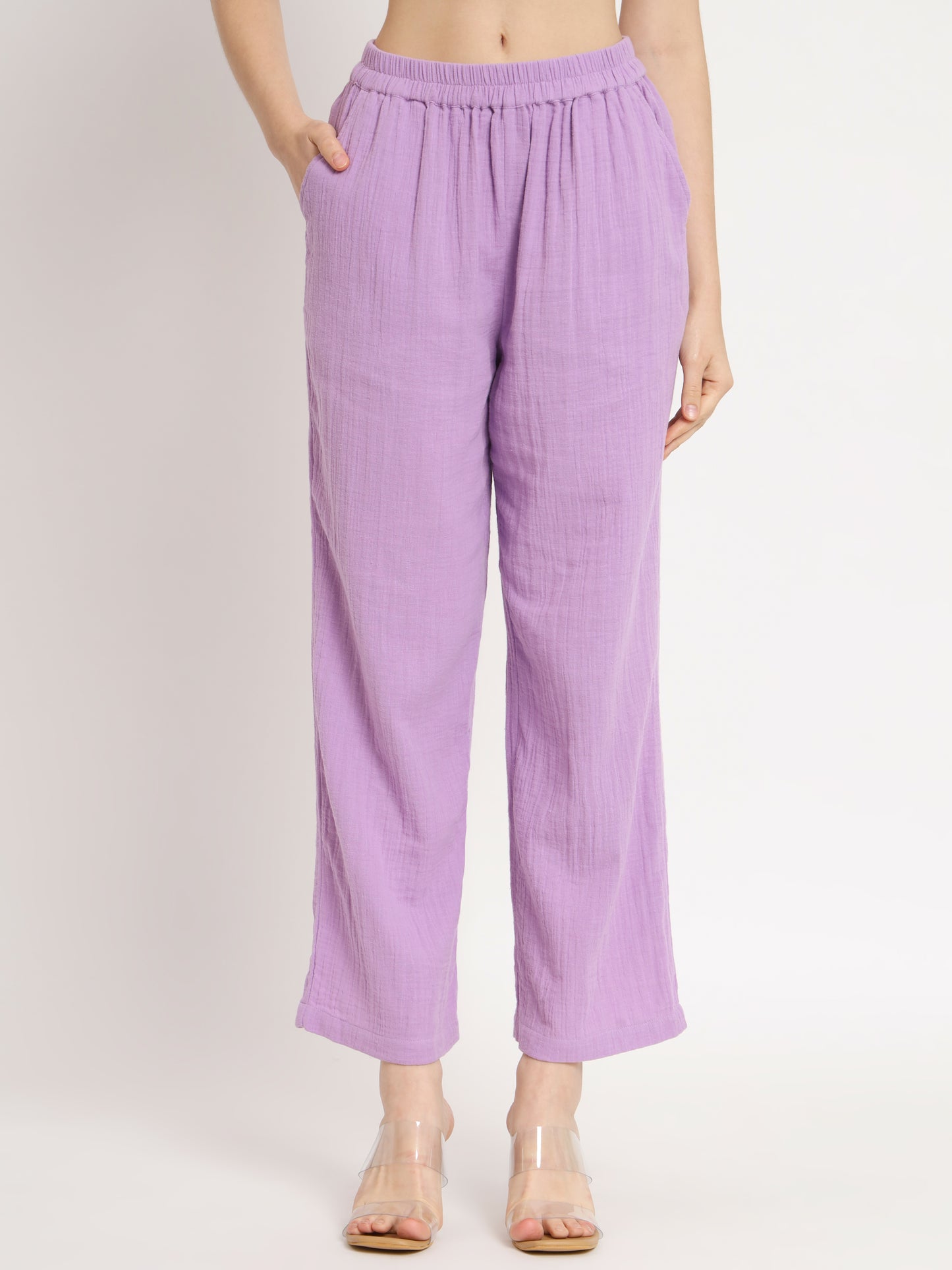 NUEVOSDAMAS Women Pure Cotton Muslin Solid Lavender Shirt & Trousers co-ord Set