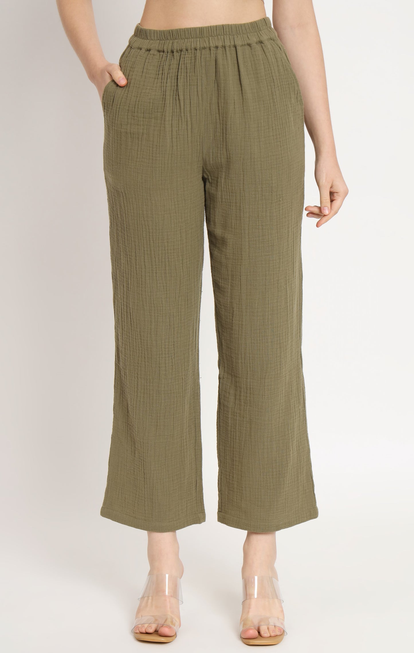 NUEVOSDAMAS Women Pure Cotton Muslin Solid Olive Green Shirt & Trousers co-ord Set