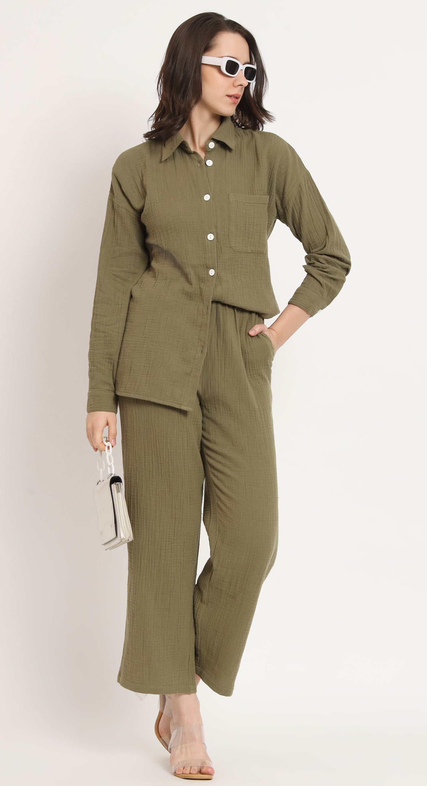 NUEVOSDAMAS Women Pure Cotton Muslin Solid Olive Green Shirt & Trousers co-ord Set