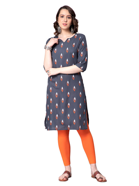 NUEVOSDAMAS Women Ikat Printed Rayon Grey Kurti