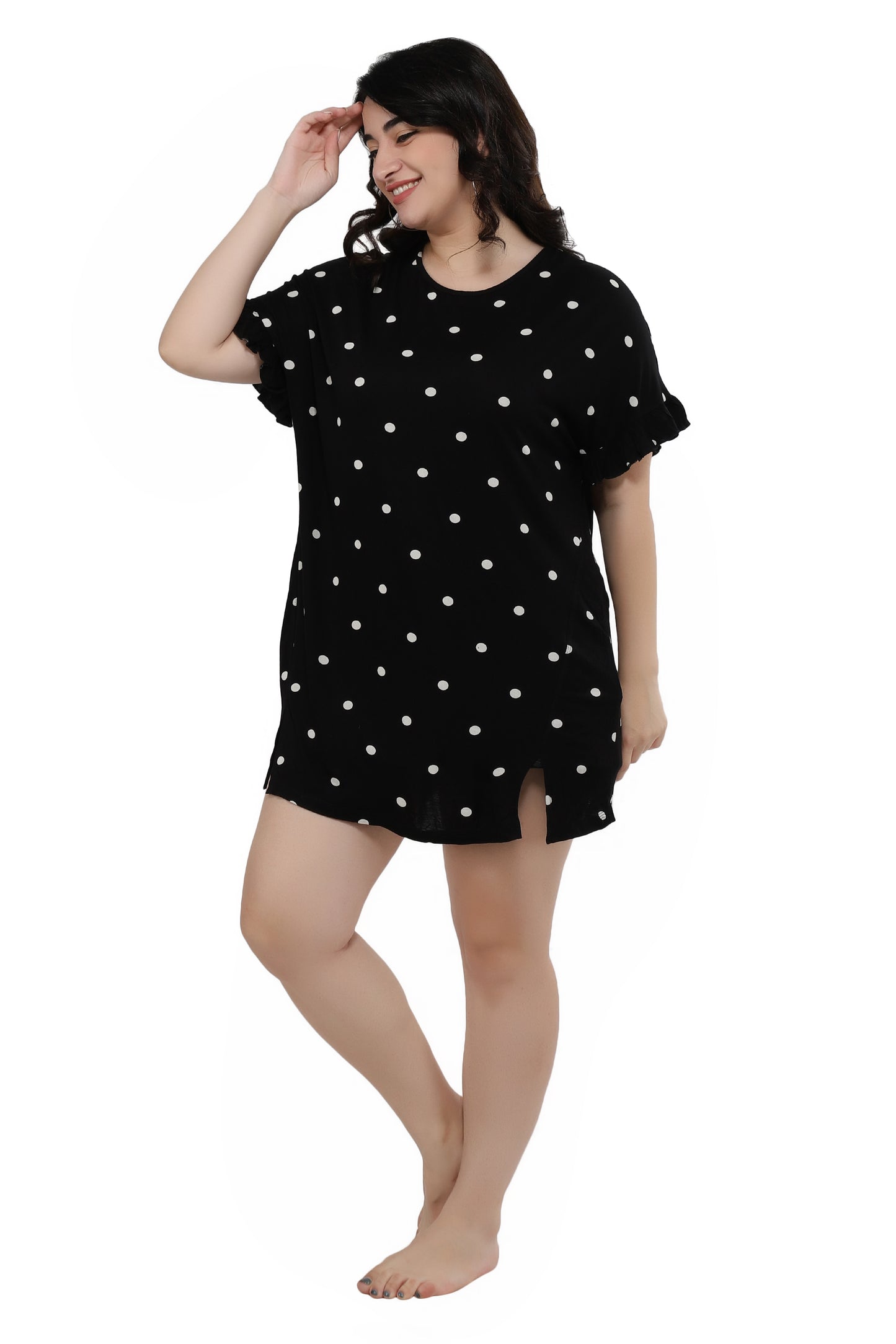 NUEVOSDAMAS Women Black Polka Dot Half Sleeve Over Size Tshirts