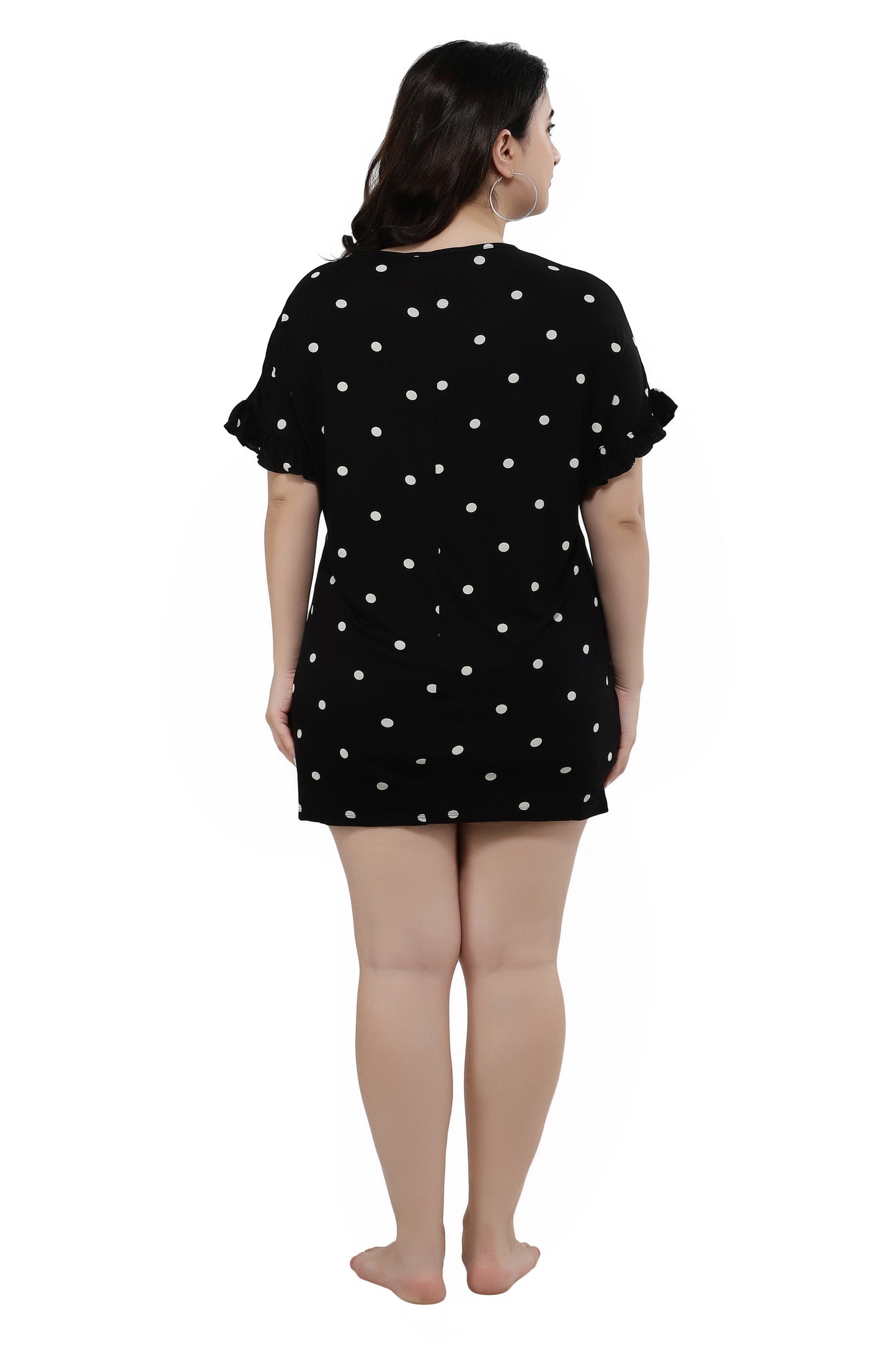 NUEVOSDAMAS Women Black Polka Dot Half Sleeve Over Size Tshirts