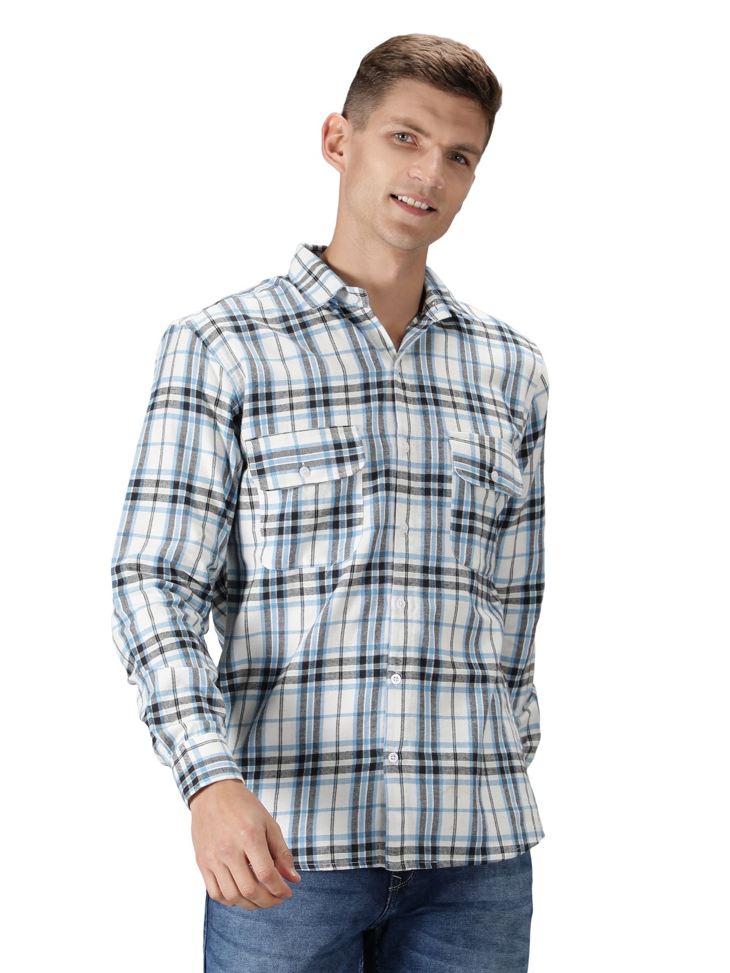 NUEVOSPORTA Pure Cotton Check Pattern Men's Full Sleeve Shirt_White/Blue