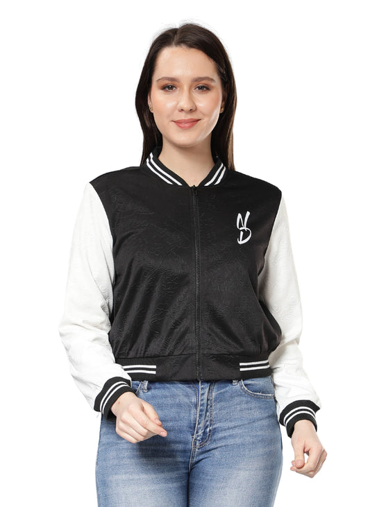 NUEVOSDAMAS Women Black Floral Embossed Printed Varsity Jacket