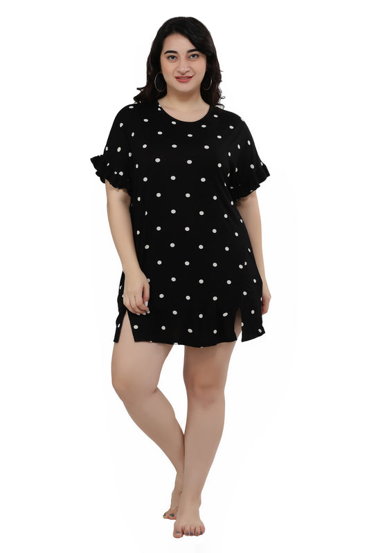 NUEVOSDAMAS Women Black Polka Dot Half Sleeve Over Size Tshirts