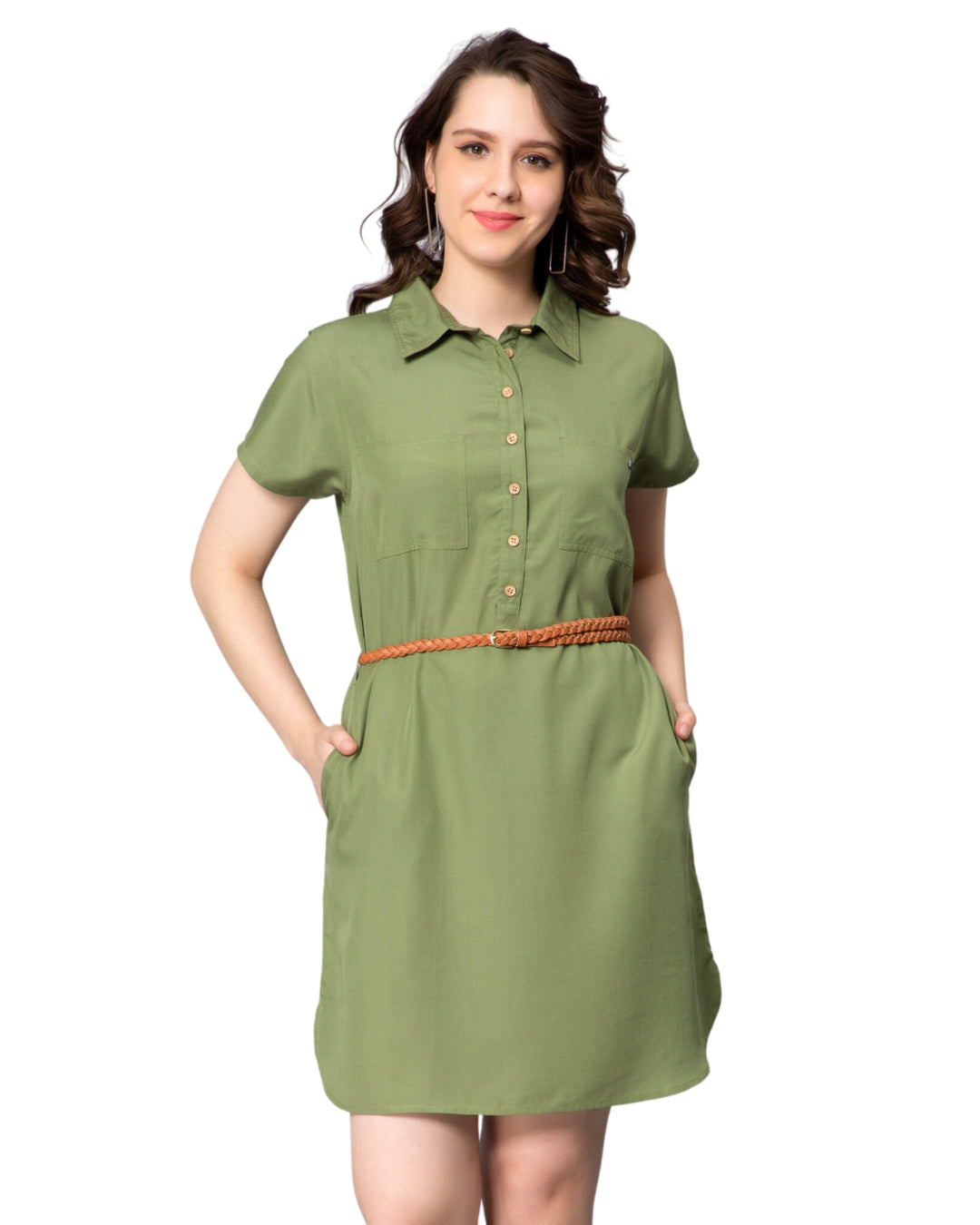 NUEVOSDAMAS Women Denim Long Shirt Style Midi Dress Green
