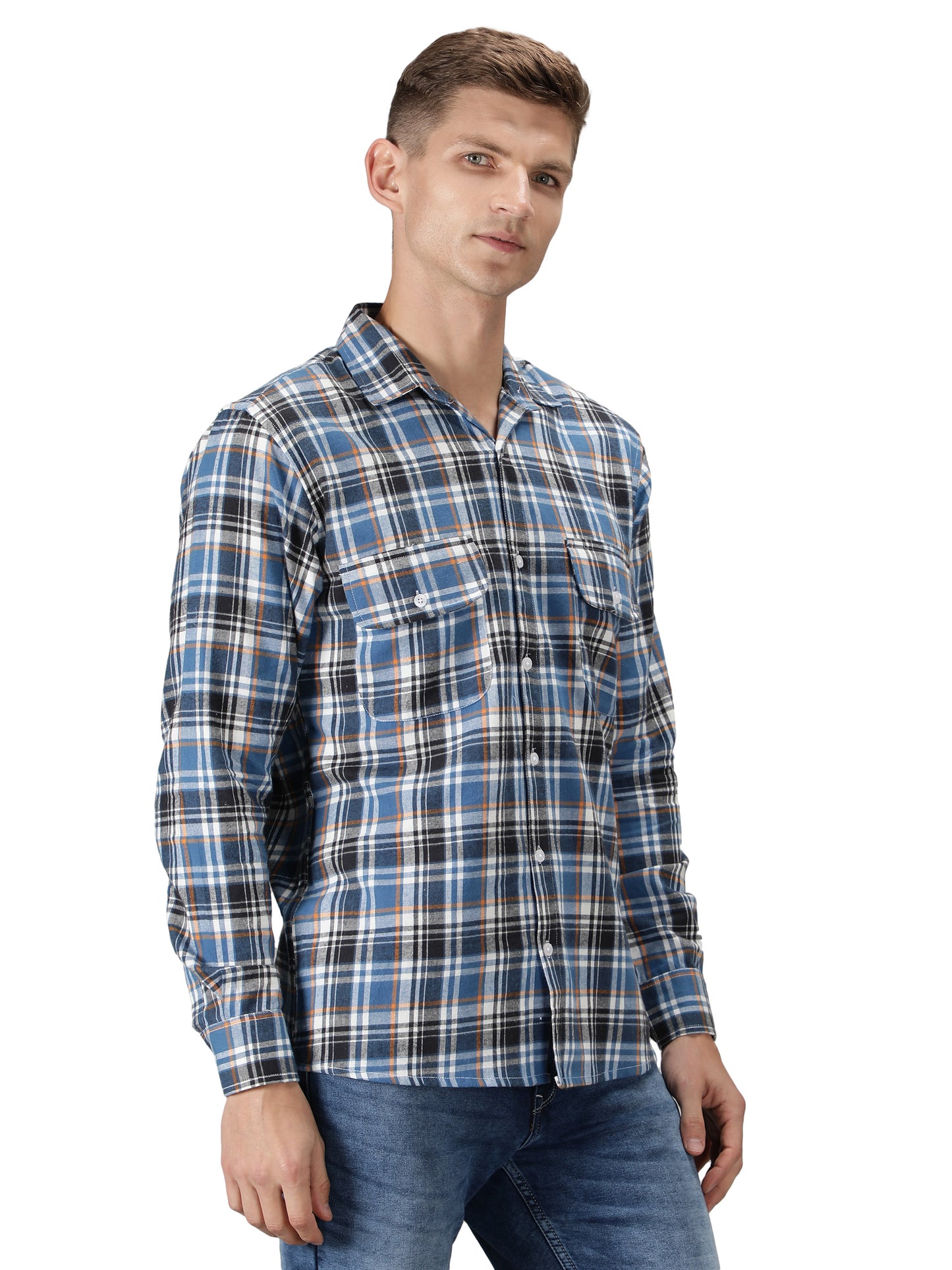 NUEVOSPORTA Pure Cotton Check Pattern Men's Full Sleeve Shirt_Blue/Black