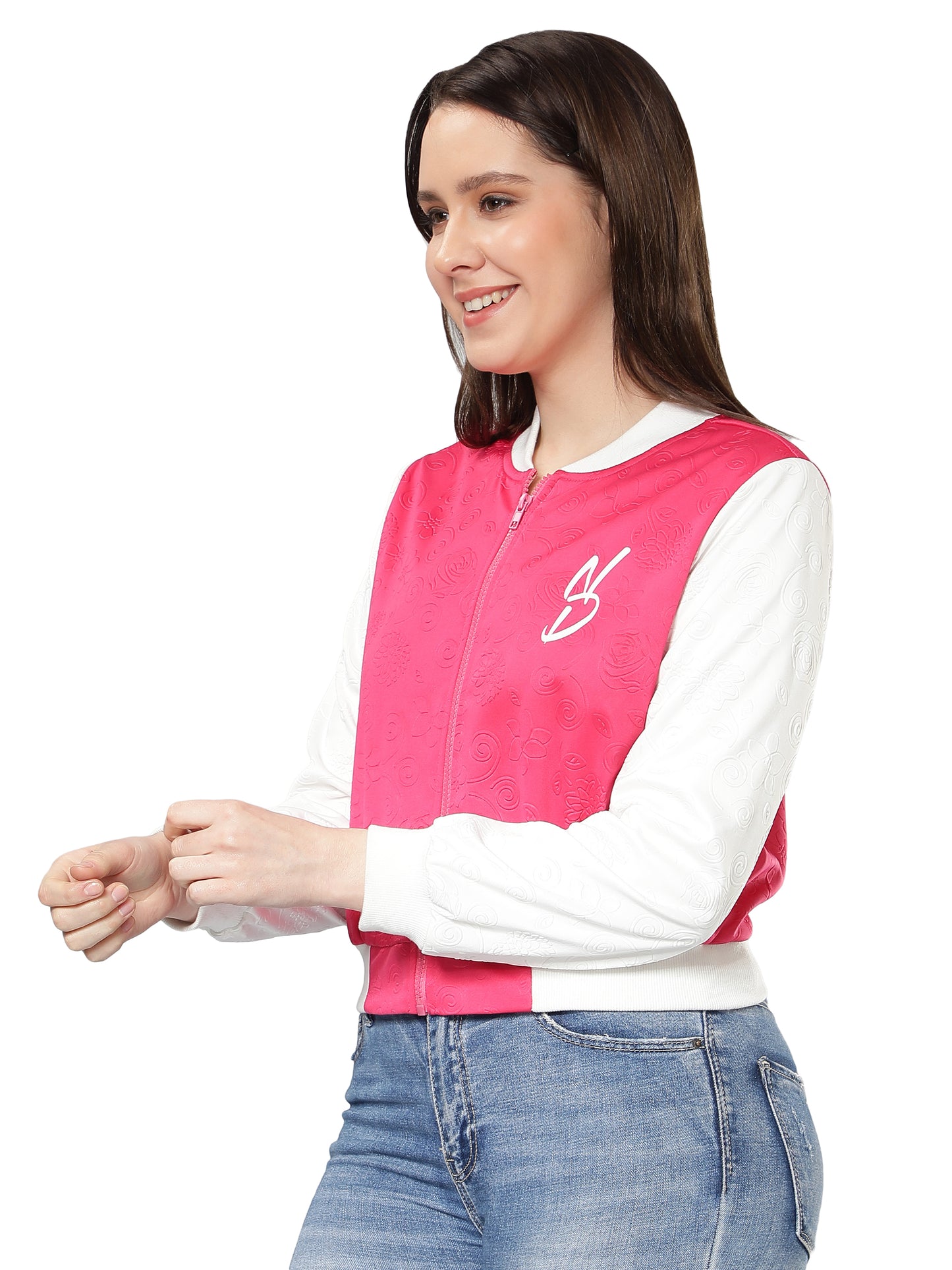 NUEVOSDAMAS Women Pink Floral Embossed Printed Varsity Jacket