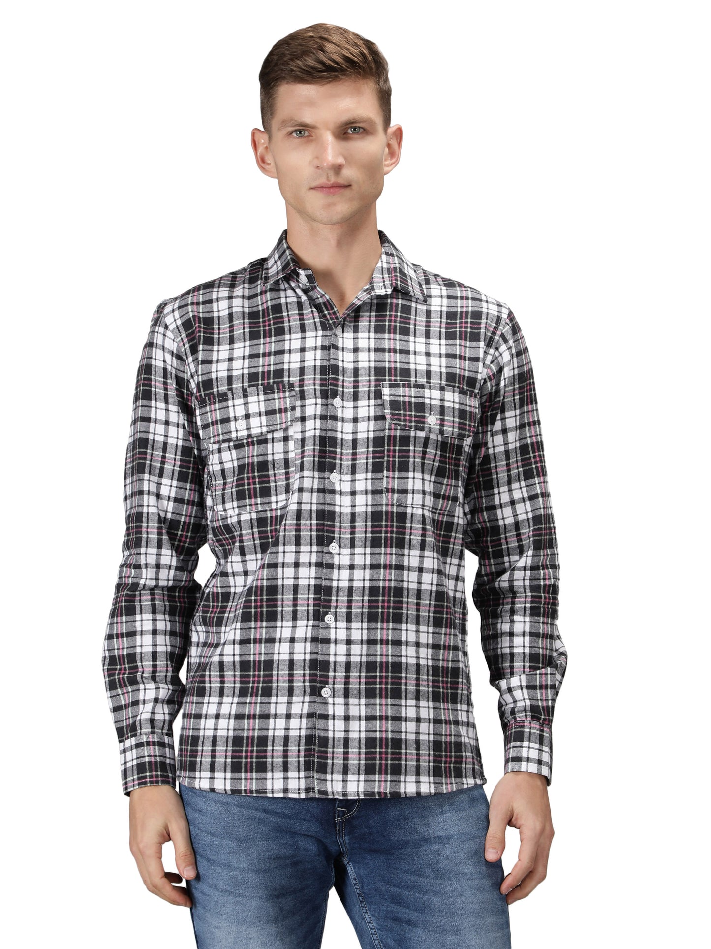 NUEVOSPORTA Pure Cotton Check Pattern Men's Full Sleeve Shirt_Black/White