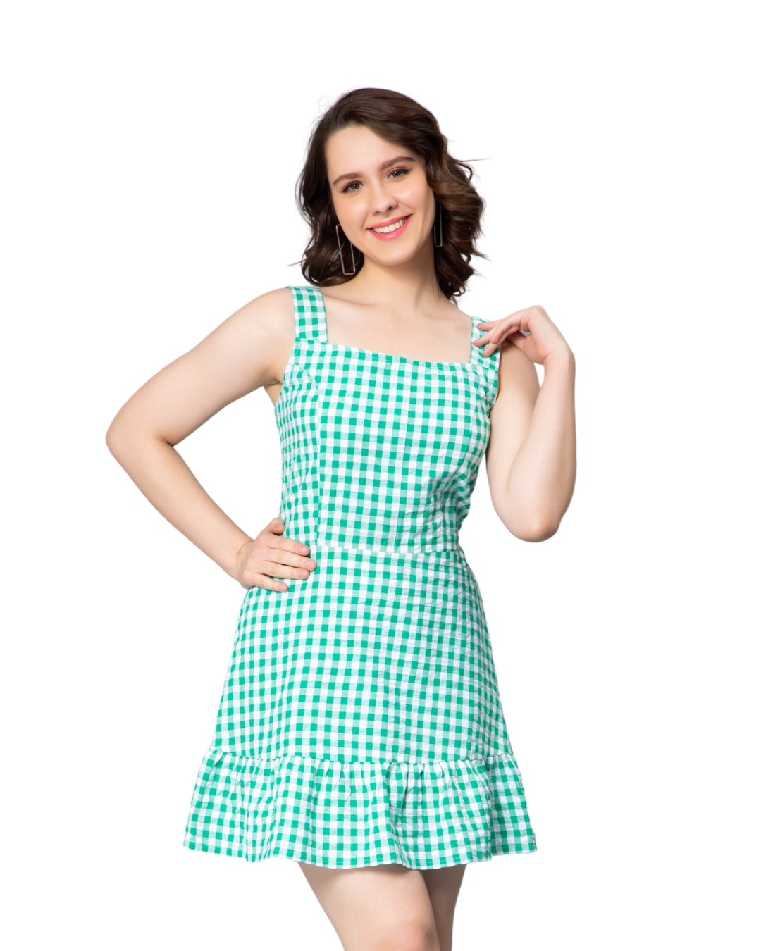 NUEVOSDAMAS Women Cotton Check Sleeveless Smocked Green Midi Dress