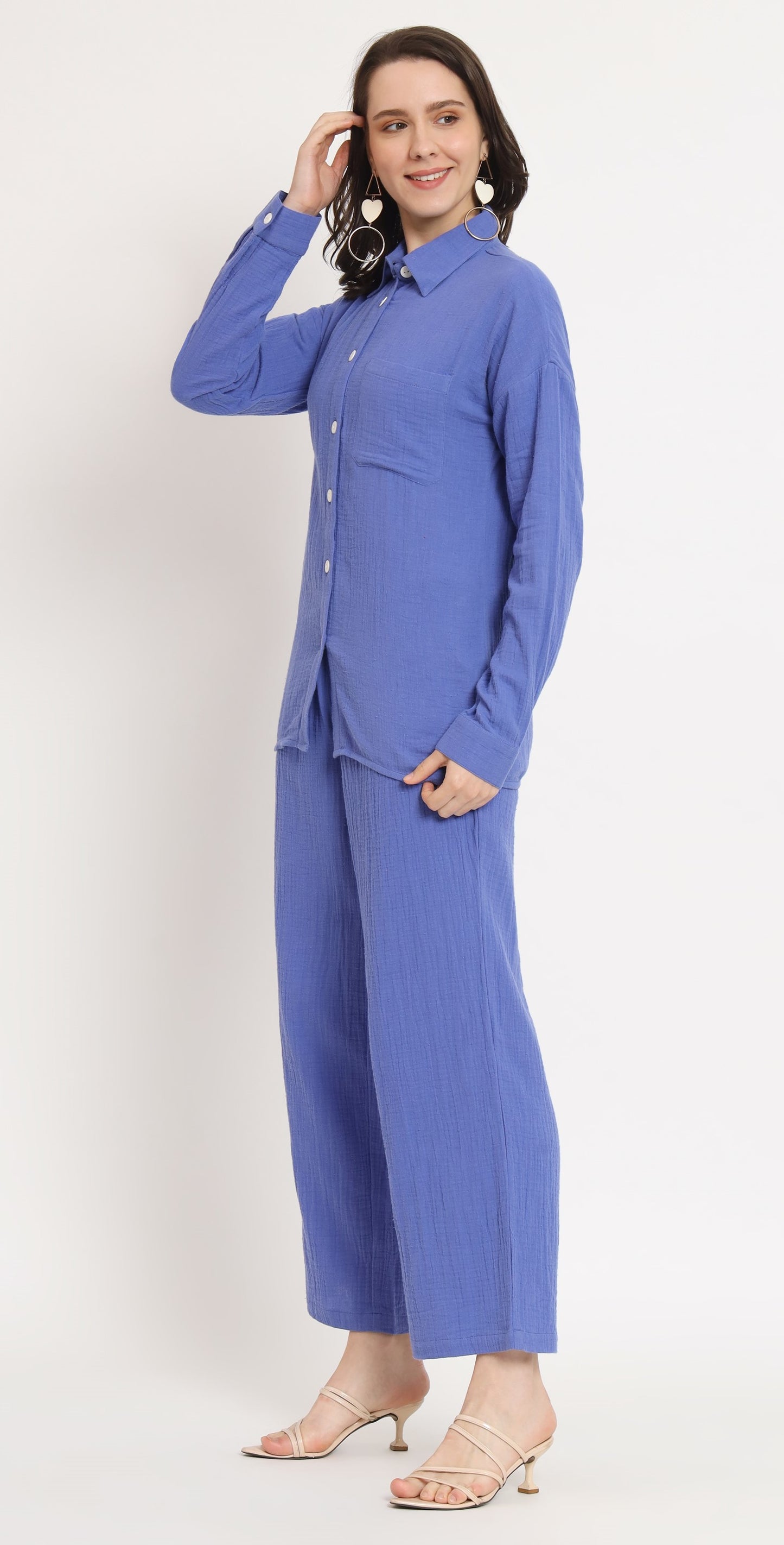 NUEVOSDAMAS Women Pure Cotton Muslin Solid Violet Blue Shirt & Trousers co-ord Set