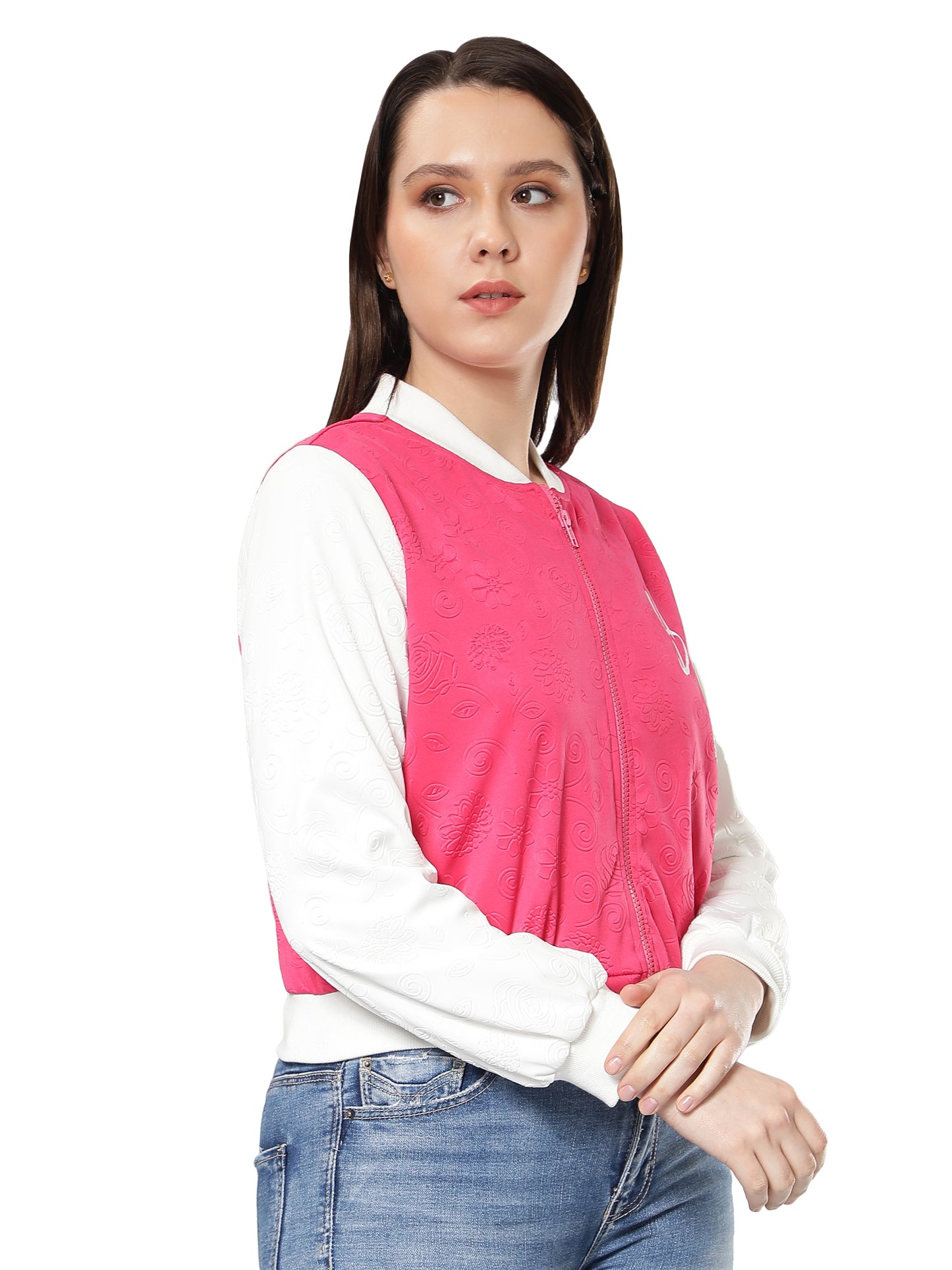 NUEVOSDAMAS Women Pink Floral Embossed Printed Varsity Jacket