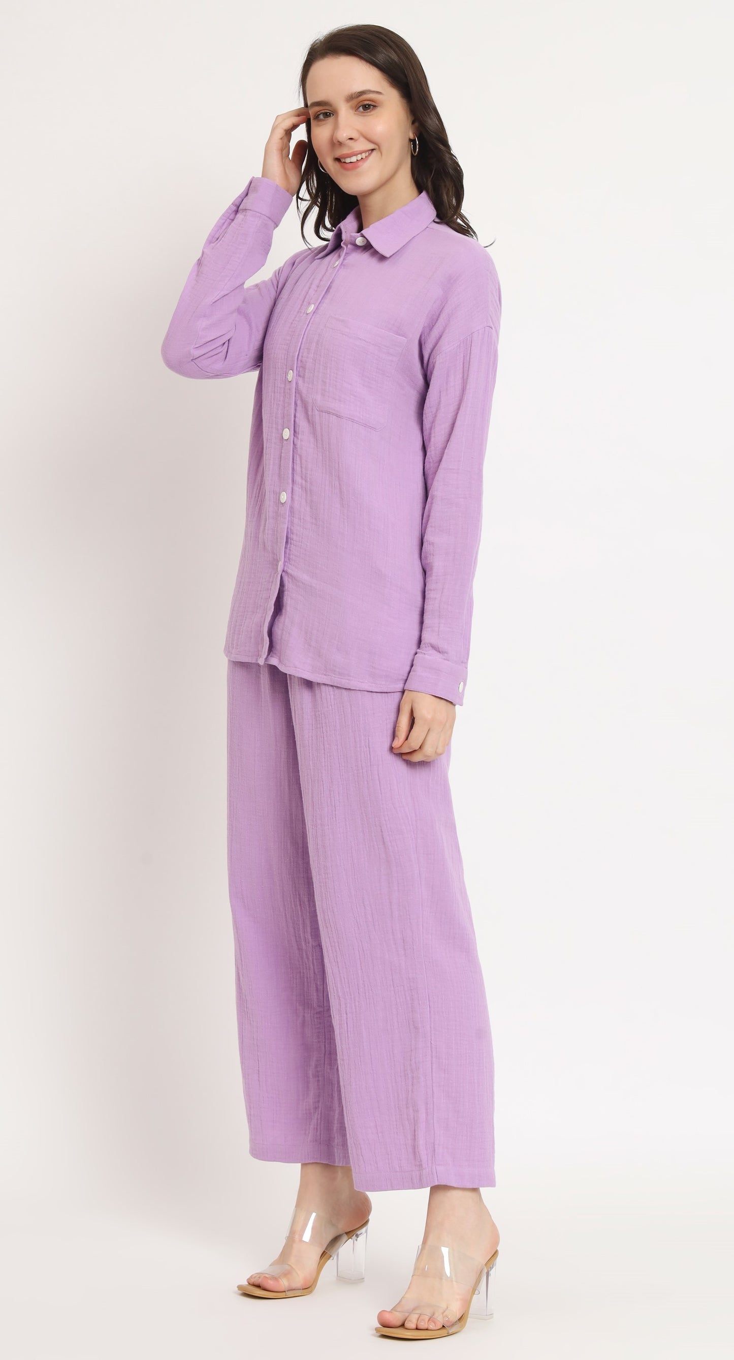 NUEVOSDAMAS Women Pure Cotton Muslin Solid Lavender Shirt & Trousers co-ord Set