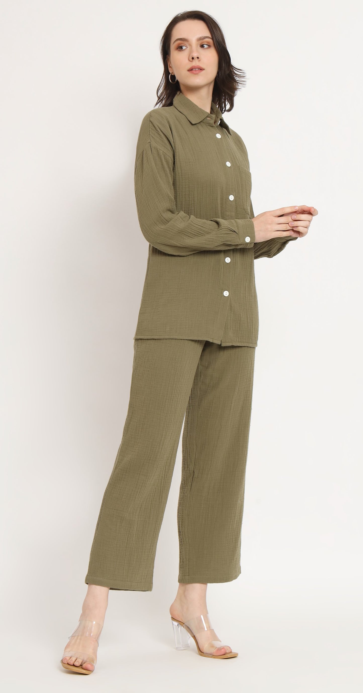 NUEVOSDAMAS Women Pure Cotton Muslin Solid Olive Green Shirt & Trousers co-ord Set