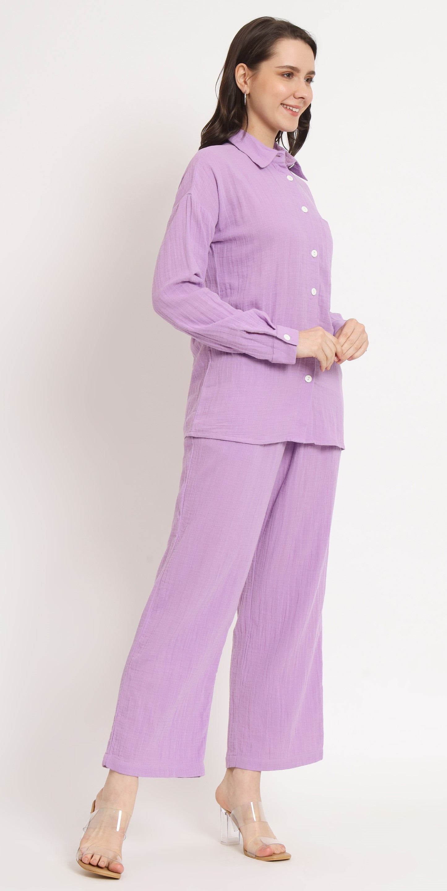 NUEVOSDAMAS Women Pure Cotton Muslin Solid Lavender Shirt & Trousers co-ord Set