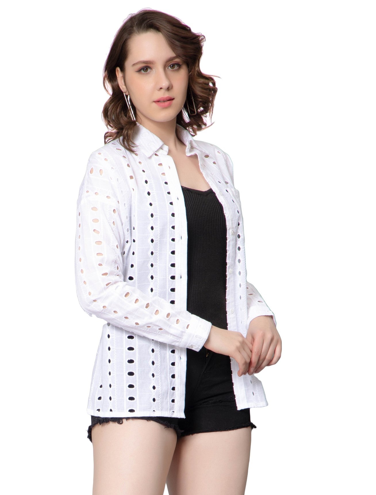 NUEVOSDAMAS Women Pure Cotton Self Design Schiffli Embroidered Shirt White