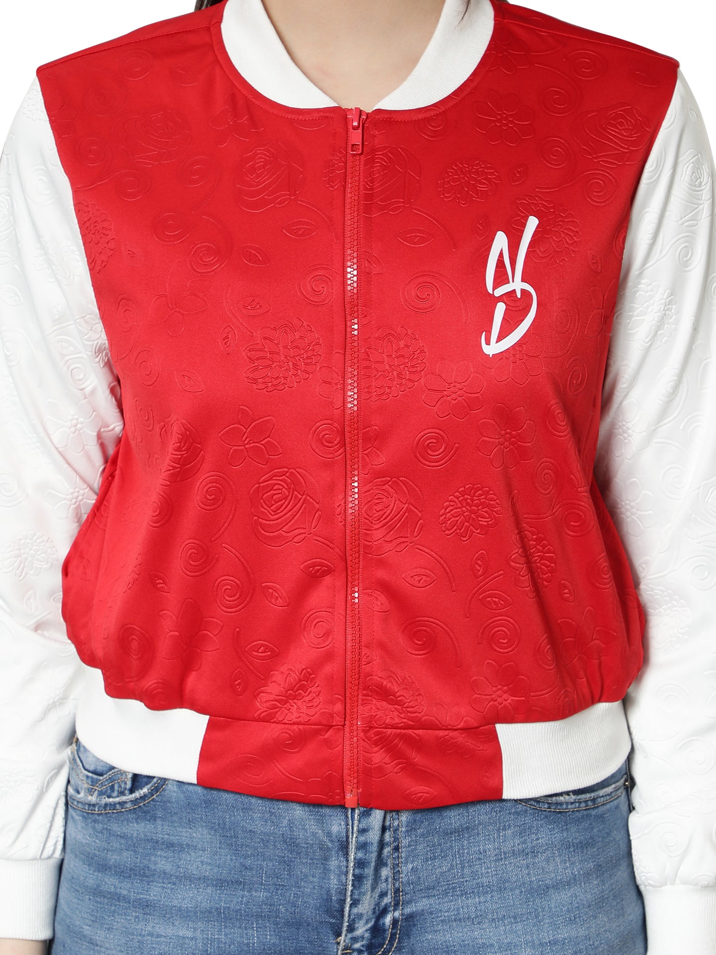 NUEVOSDAMAS Women Red Floral Embossed Printed Varsity Jacket